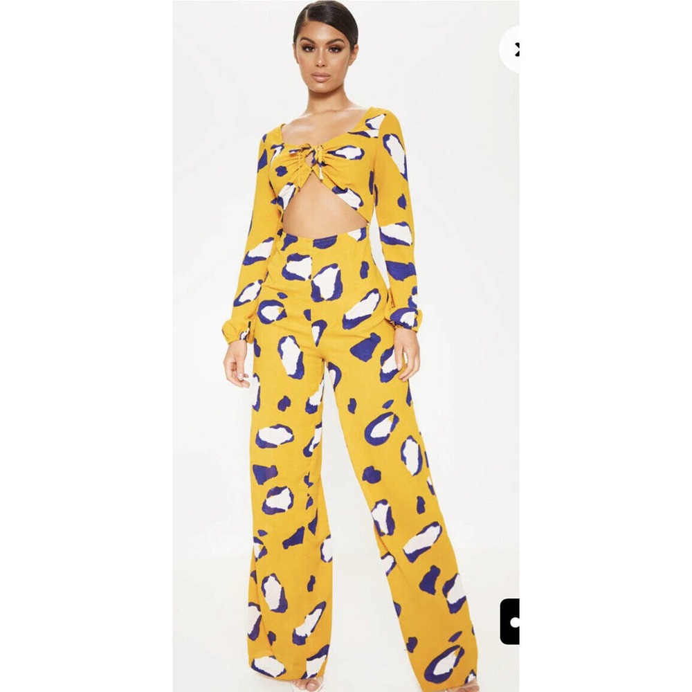 Prettylittlething Mustard Yellow Leopard Print Tie Cut Out Jumpsuit Womens 6